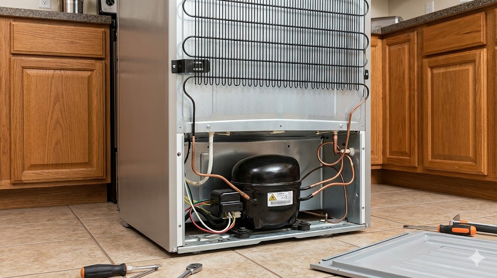 Refrigerator with rear panel removed showing the compressor and refrigerant lines